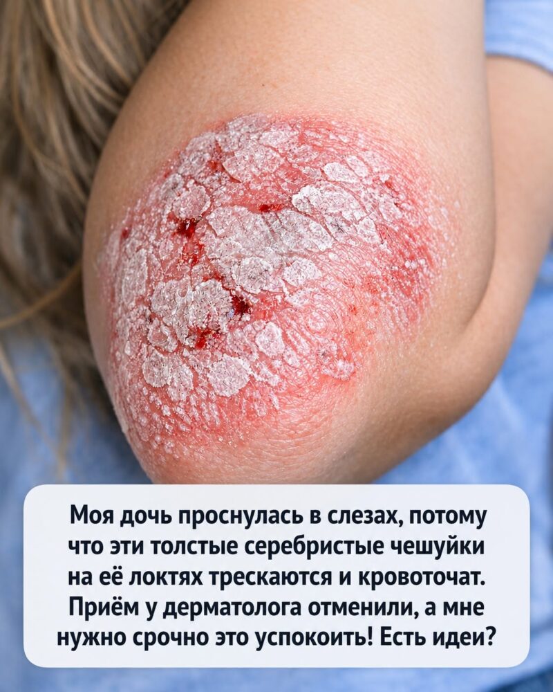 Моя дочь проснулась в слезах, потому что толстые серебристые чешуйки на её локтях потрескались и кровоточат. Её запись к дерматологу отменили, и... Моя дочь проснулась в слезах, потому что толстые серебристые чешуйки на её локтях потрескались и кровоточат. Её запись к дерматологу отменили, и...